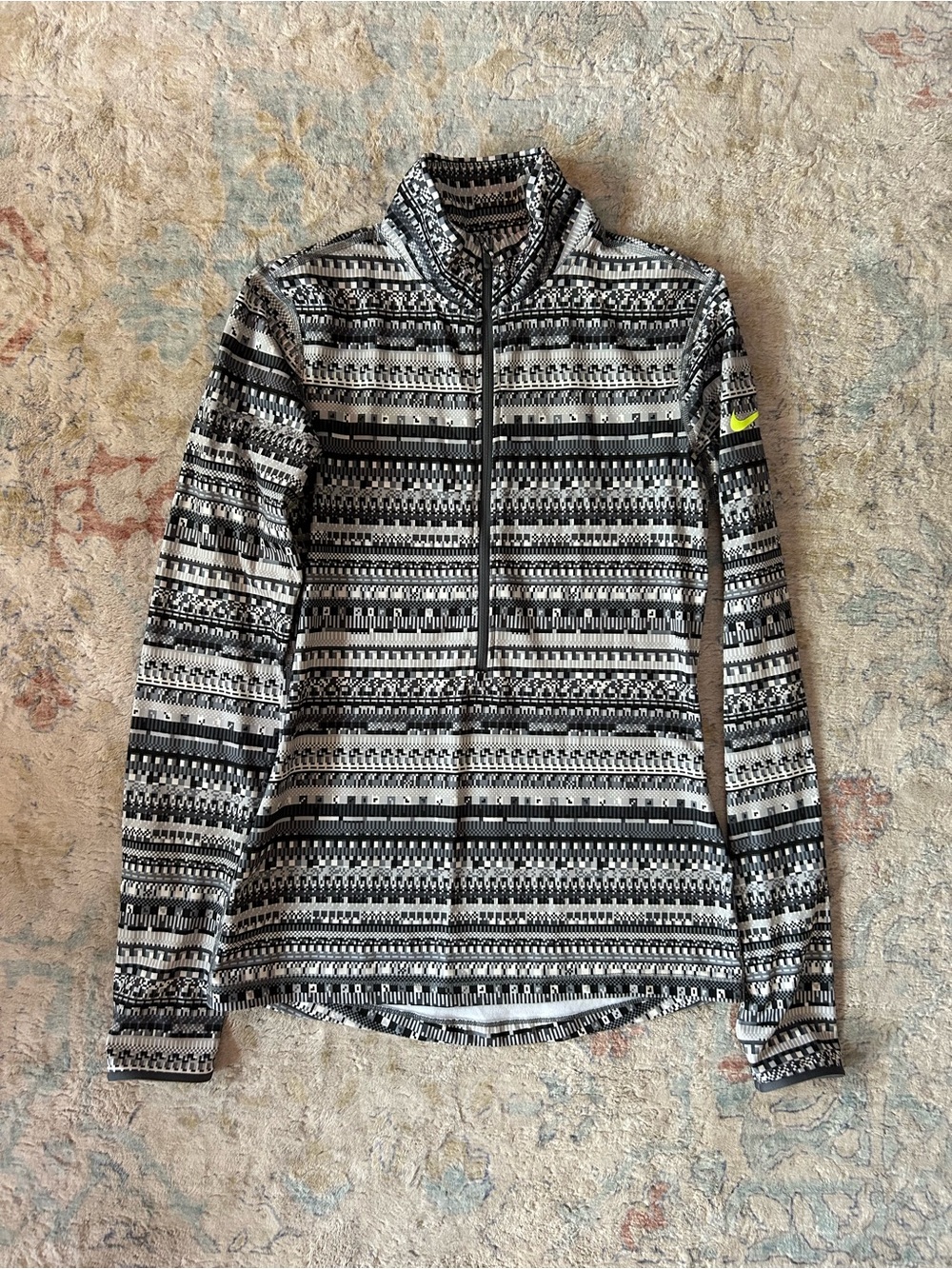 Nike Pro Black & White Patterned Zip Running Top with Neon Swish